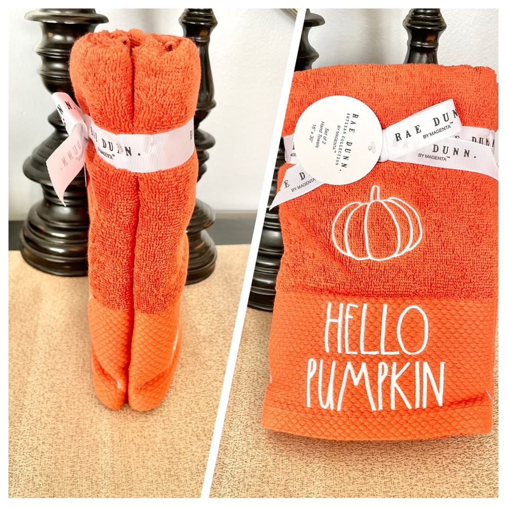 🆕Rae Dunn SET OF 2 HELLO PUMPKIN Hand Towels